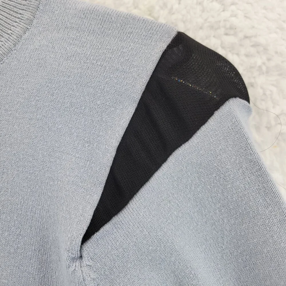 Karen Millen Crewneck Sweater Size‎ 3 XS Light Blue Black Mesh Details Zipper